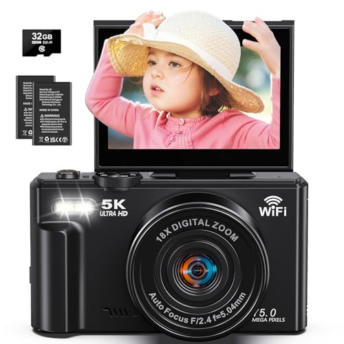 Câmera digital, vídeo de 5k, câmera de 75 megapixels, transmissão Wi-Fi, foco automático, zoom digital de 18x, tela giratória de 180 graus, cartão SD de 32G,câmera compacta,vlog,fotográfica