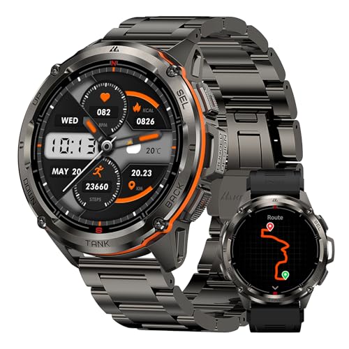 KOSPET Tank T3 Ultra Smartwatch, 50M à prova de água, GPS, bússola, pressão do ar, altitude, aço inoxidável completo, chamada Bluetooth, ecrã AMOLED sempre activo de 1,43'', voz AI Banda de Metal